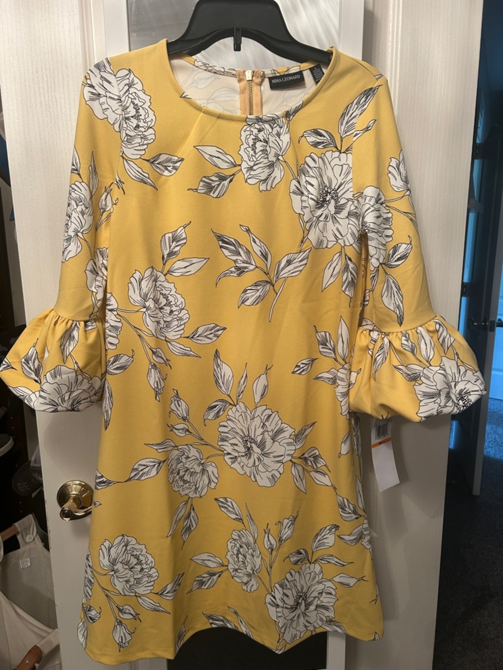 Nina Leonard Yellow Floral Ruffle-Sleeve Shift Dress
